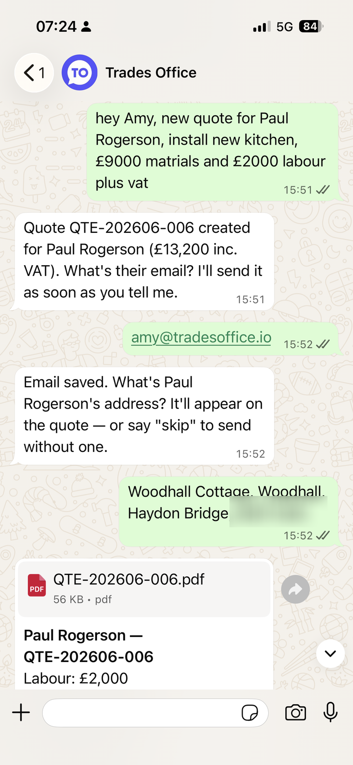 A real WhatsApp chat with Amy: a kitchen quote created from a message and the PDF sent back