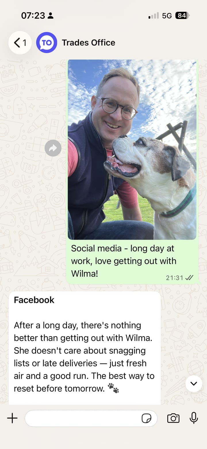 Daniel and his dog Wilma — Amy turning a quick photo into a ready-to-post update